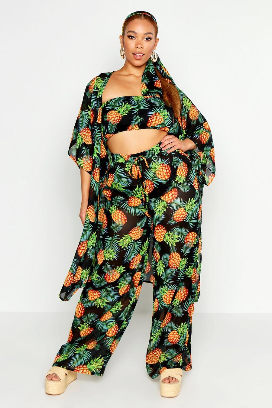 Black Plus Pineapple 4 Piece Beach Co-Ord image number 1