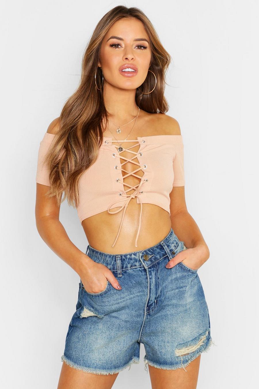 Apricot Petite Off The Shoulder Lace Up Crop Top image number 1
