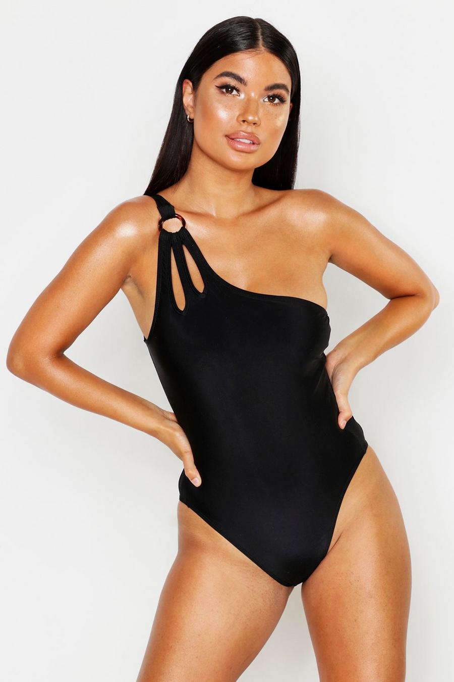 Black schwarz Petite O-Ring Cut Out One Shoulder Swimsuit image number 1