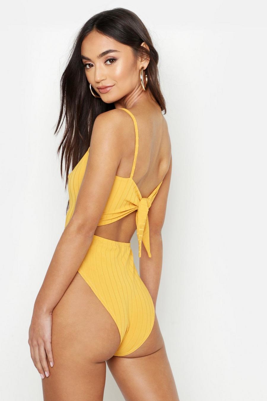 Yellow Petite Ribbed Tie Back Bodysuit image number 1