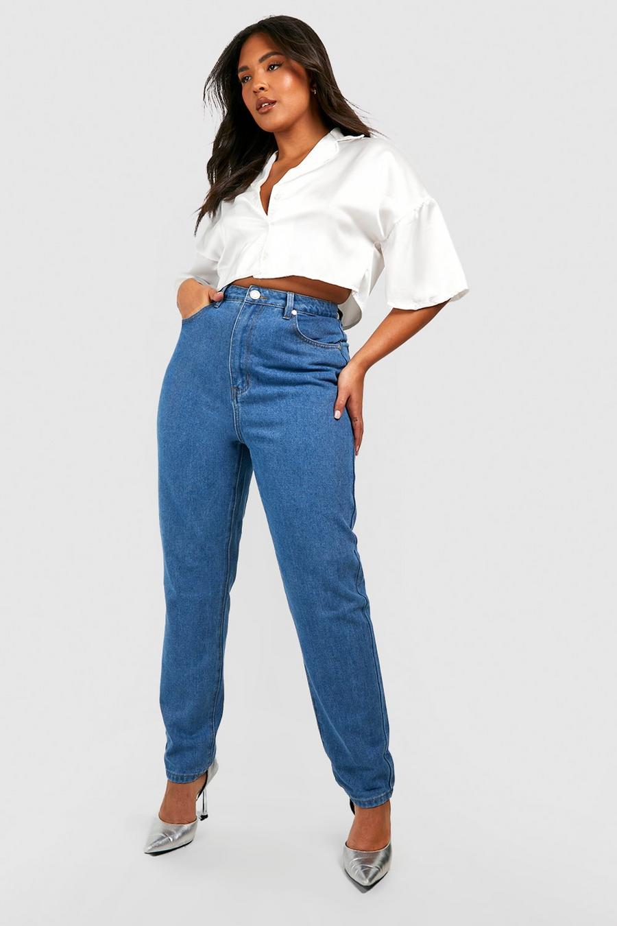 Mid blue Plus - Mom jeans med hög midja image number 1