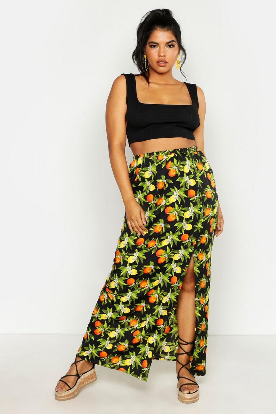 Falda maxi con estampado de limones, Negro image number 1