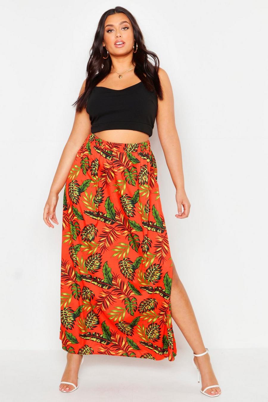 Orange Plus Palm Print Floor Sweeping Maxi Skirt image number 1