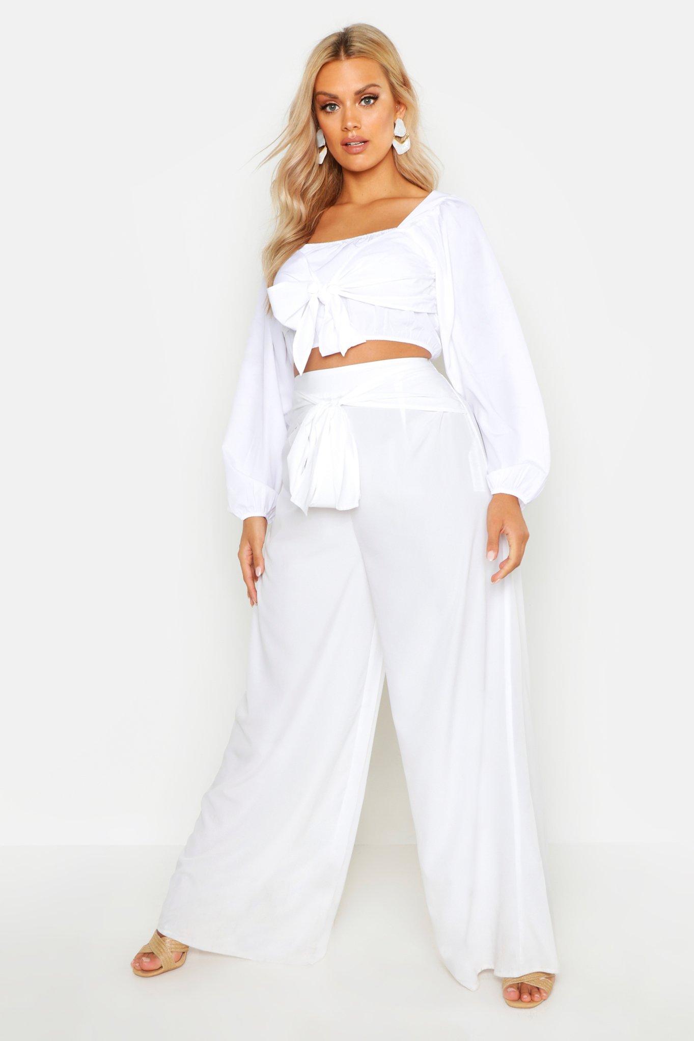 Plus Woven Tie Belt Detail Wide Leg Pants