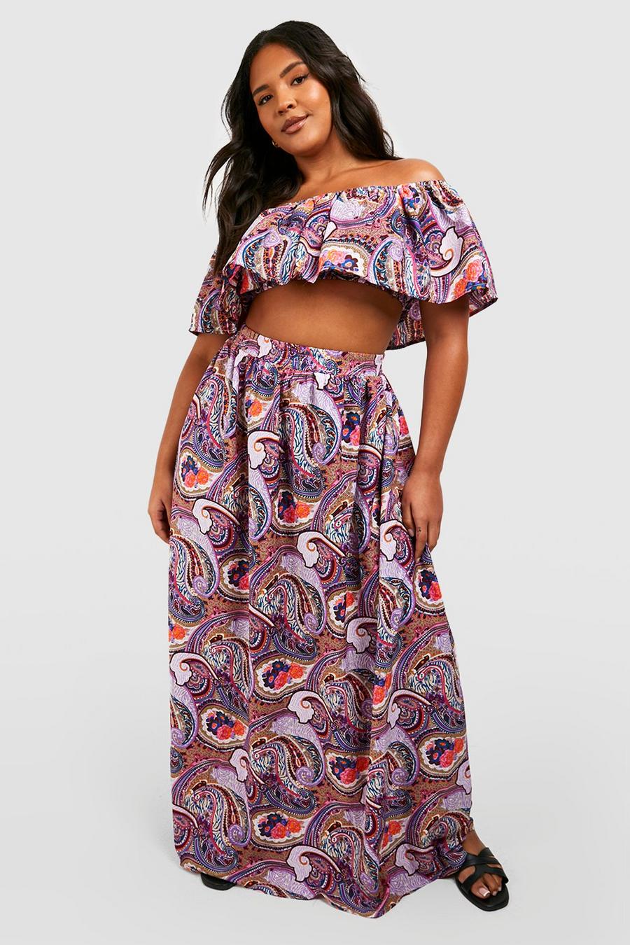 Purple Plus Paisley Ruffle Off The Shoulder Top And Maxi Skirt image number 1