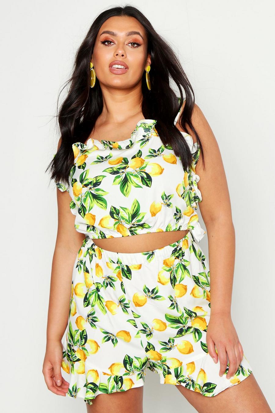 Plus Lemon Print Frill Top And Flippy Short Co-ord image number 1