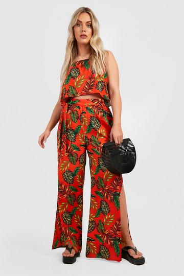 Orange Plus Palm Print Tie Waist Pants And Top Two-Piece