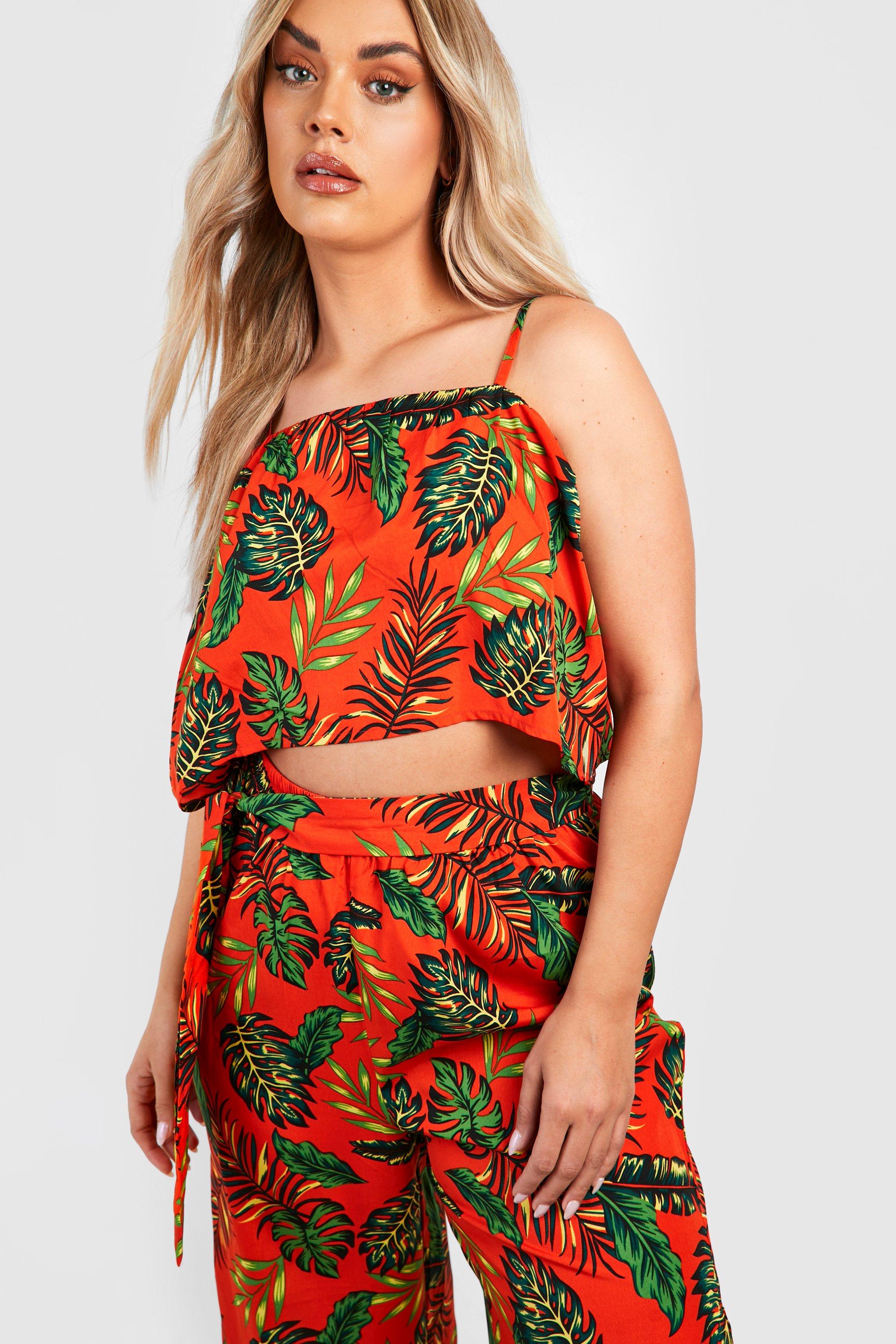 Plus Palm Print Tie Waist Pants And Top Two-Piece