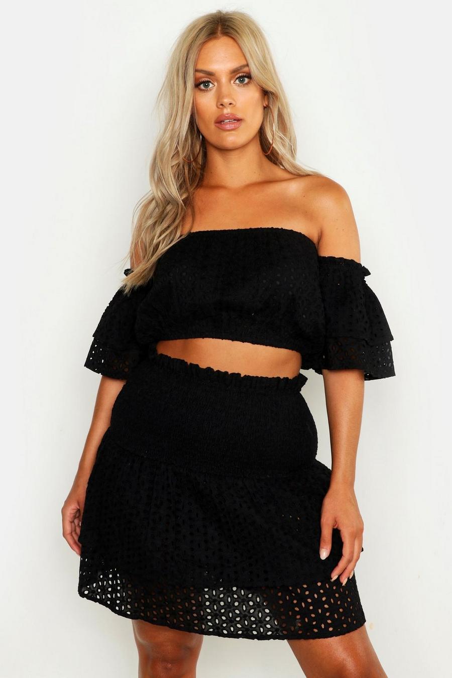 Black Plus Broderie Ruffle Sleeve Bardot And Sheered Mini Skirt image number 1