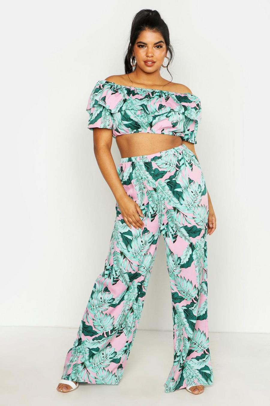 Pink Plus Palm Print Off Shoulder Top And Pants Co-Ord image number 1