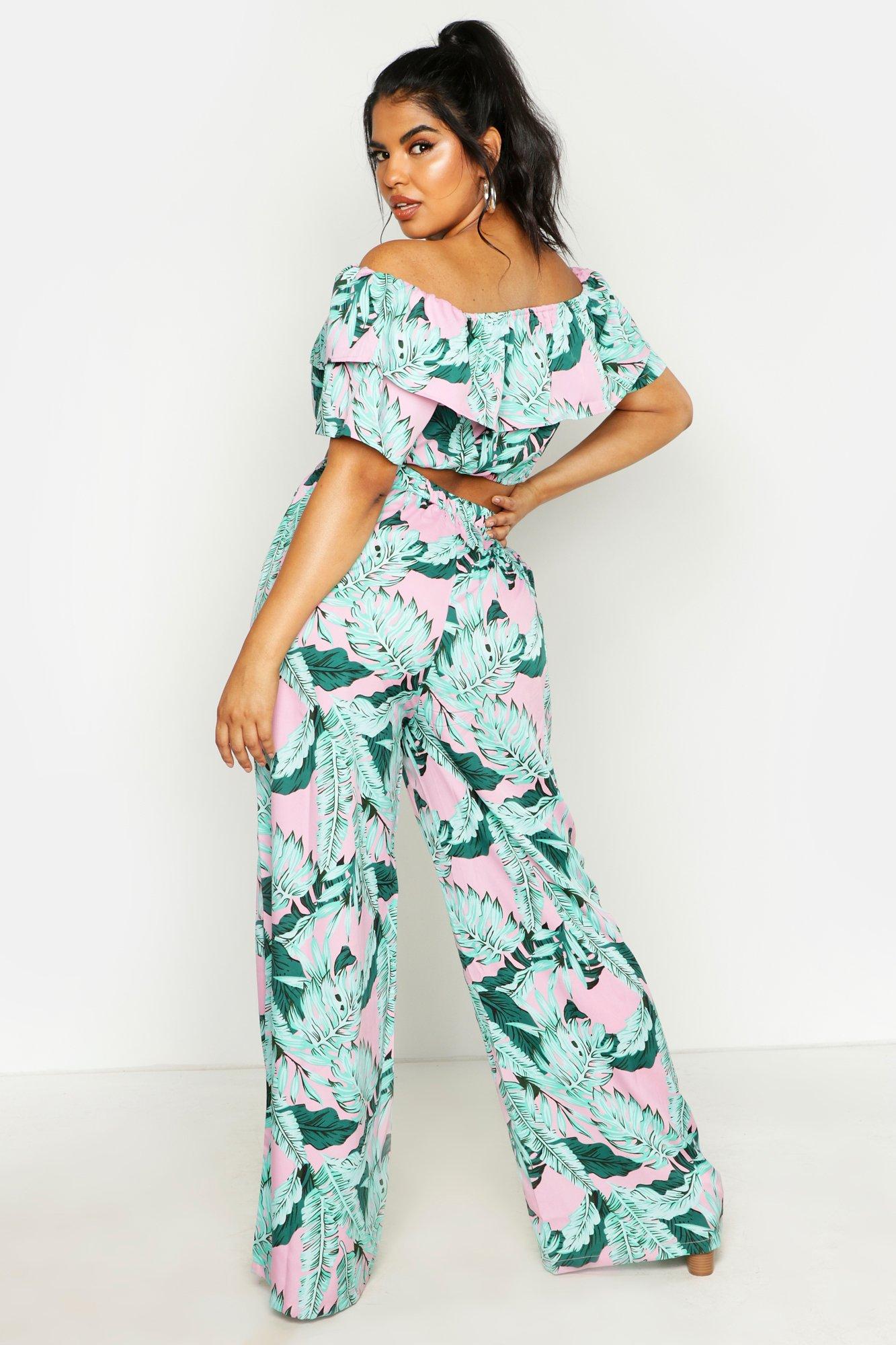 Plus Palm Print Off Shoulder Top And Pants Two-Piece