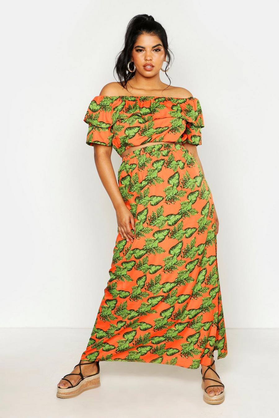 Plus Bright Tropical Print Bardot And Maxi Skirt Co-ord image number 1