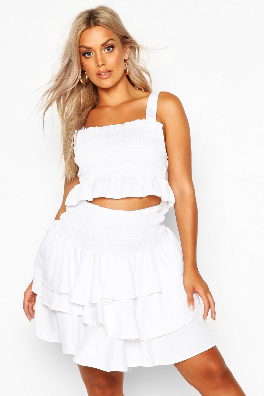 Plus Woven Sheered Ruffle Off The Shoulder Mini Skirt Two-Piece image number 1