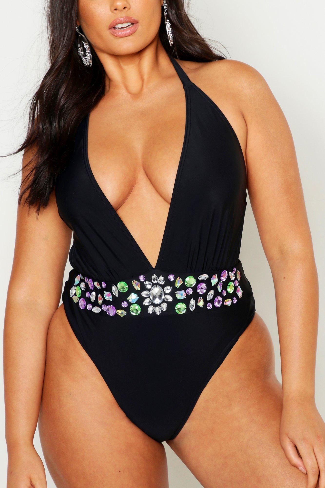 Plus Premium Plunge Jewelled Swimsuit