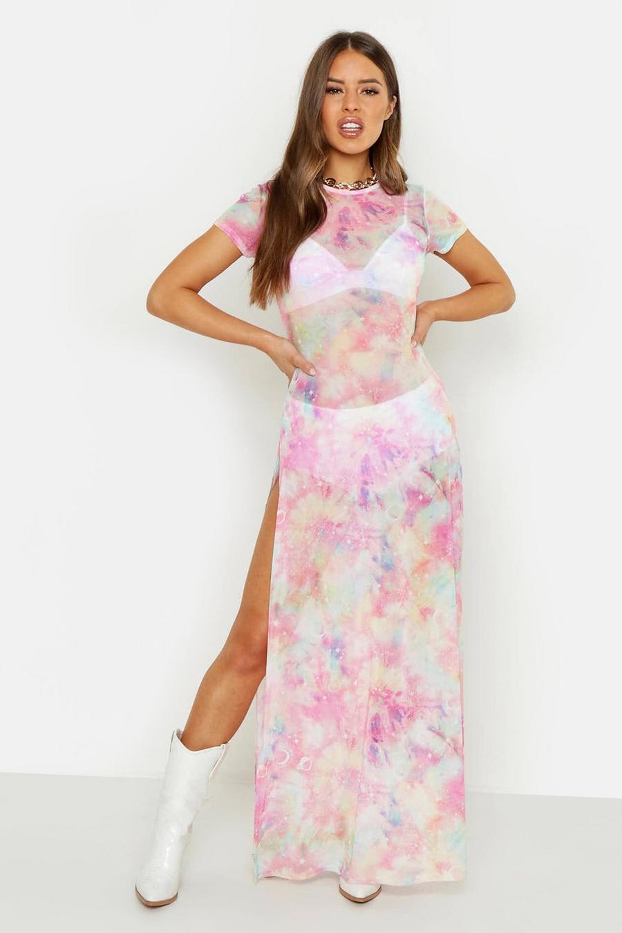Pink Petite Cosmo Print Mesh Maxi Dress image number 1
