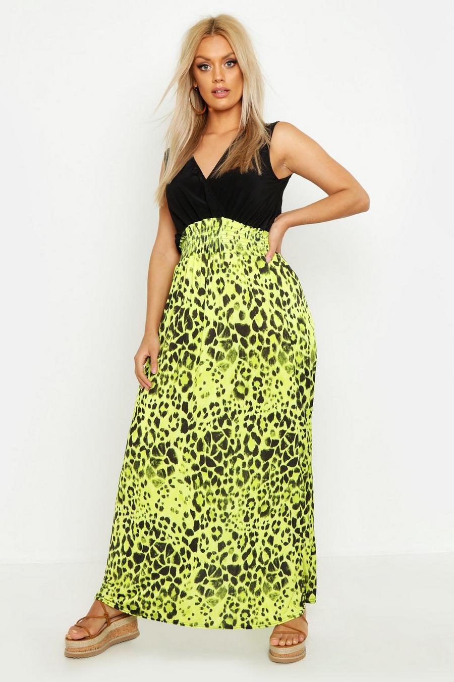 Lime vert Plus Neon Leopard Plunge Slinky Maxi Dress image number 1