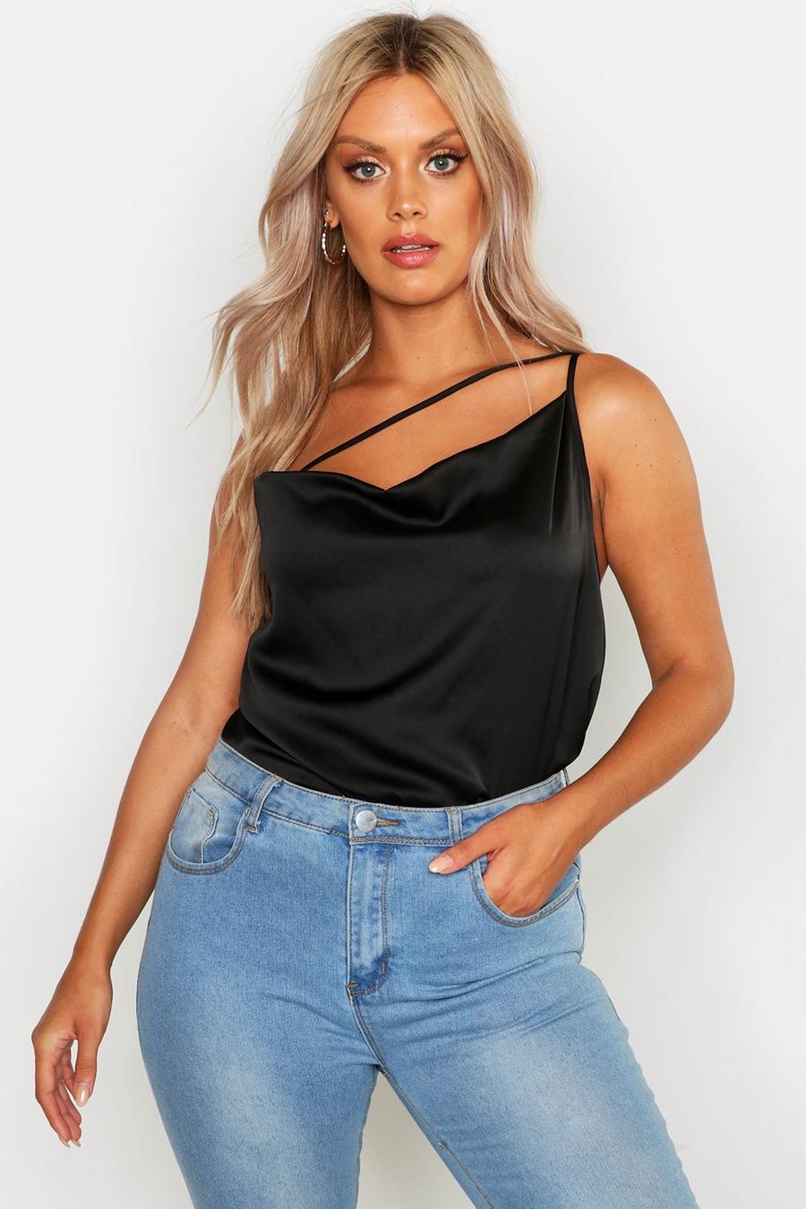 Black Plus Asymmetric Satin Cowl Cami Top image number 1