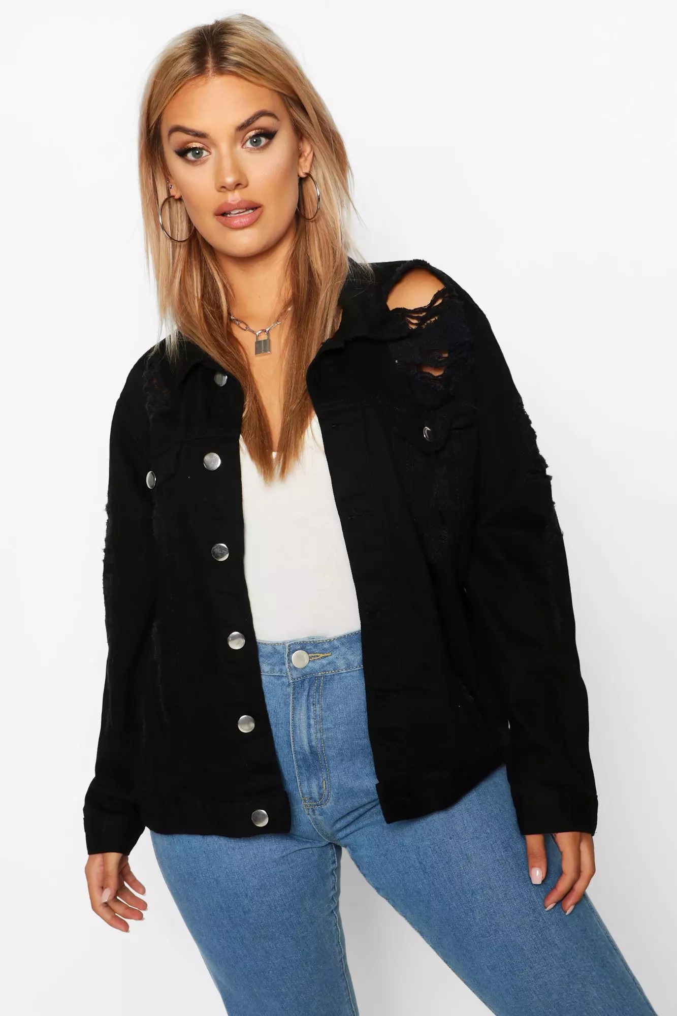 Longline distressed best sale denim jacket black