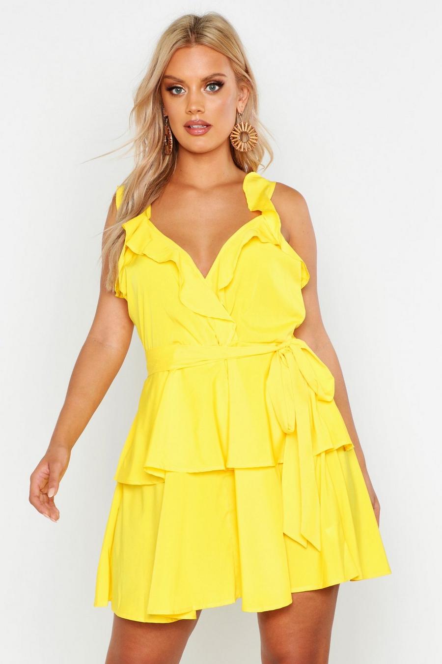 צהוב שמלת סקייטר עם מלמלה וקשירה במותן למידות גדולות image number 1