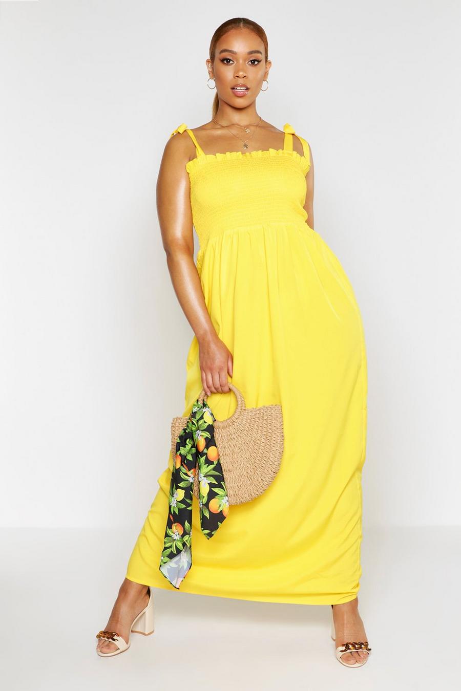 Yellow Plus Shirred Tie Shoulder Maxi Dress image number 1