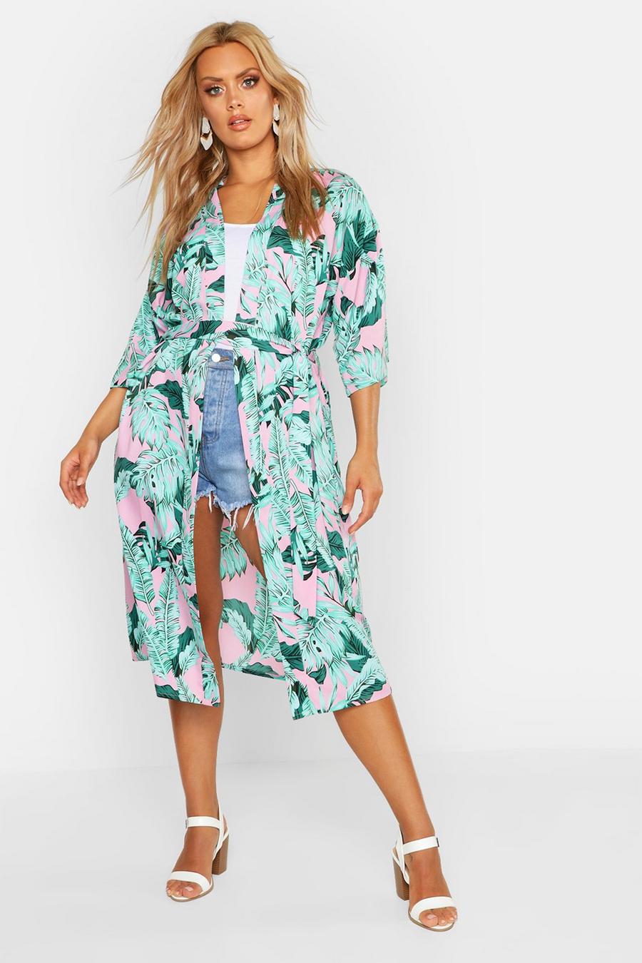 Pink Plus Oversized Palm Print Belted Kimono image number 1