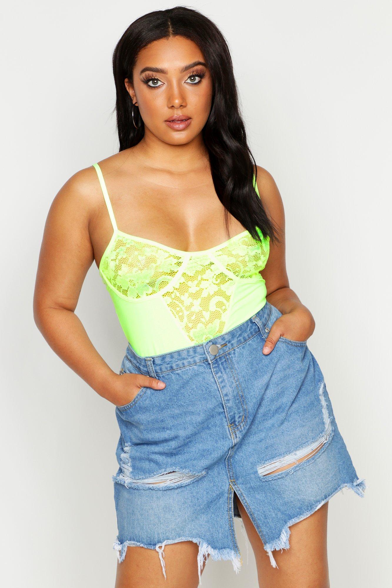 Plus Lace Cup Slinky Neon Bodysuit boohoo UK