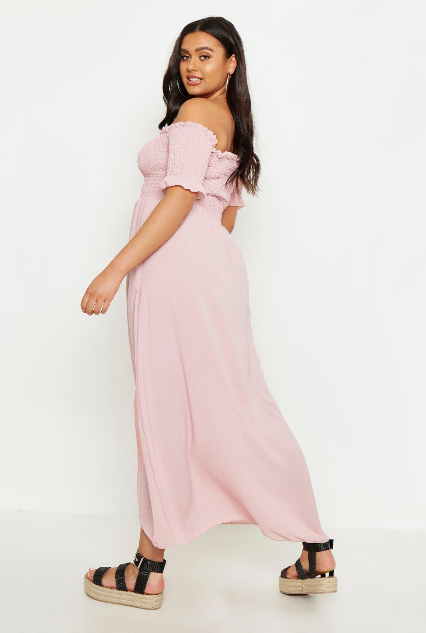 boohoo off the shoulder maxi dress