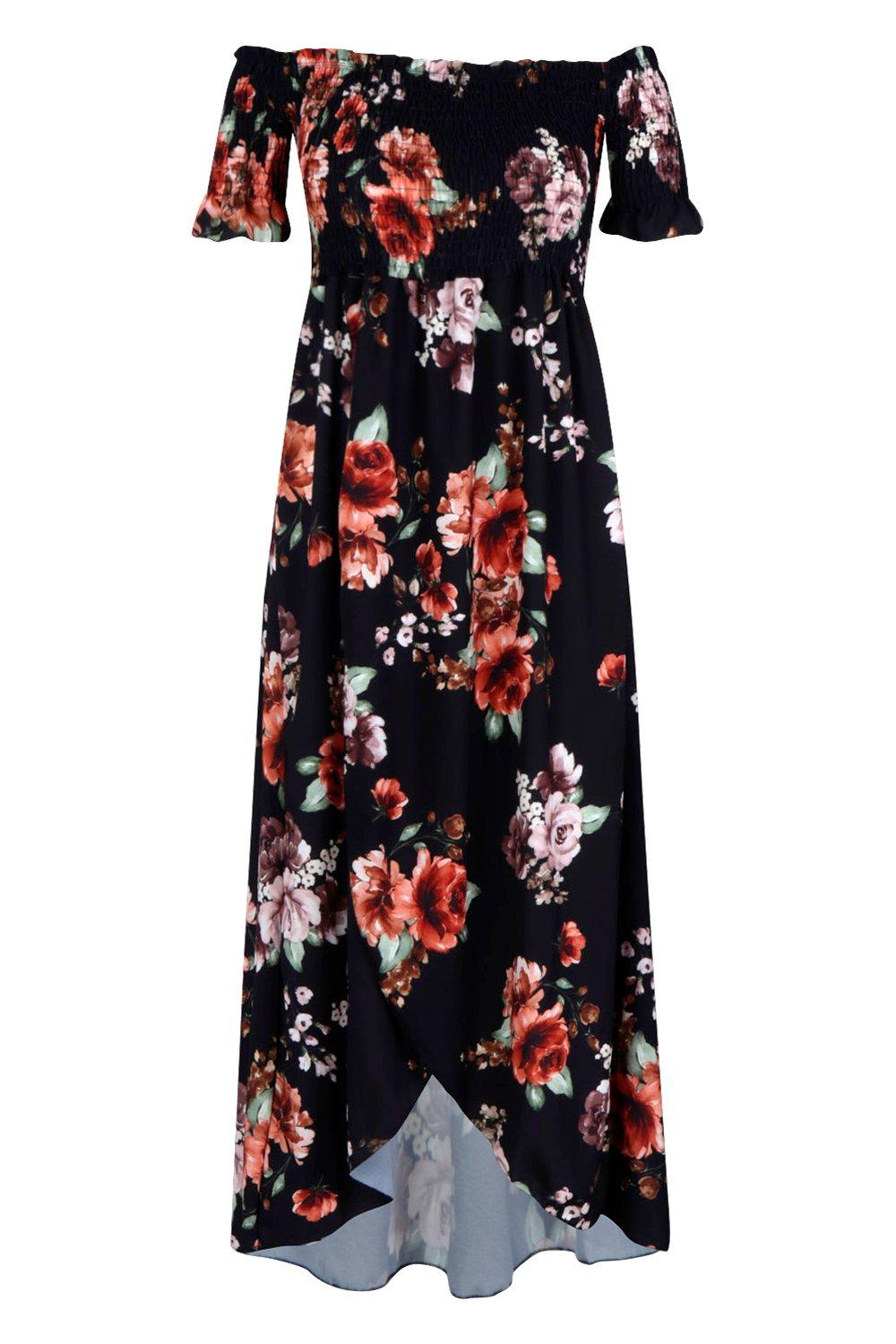 boohoo floral off the shoulder dress