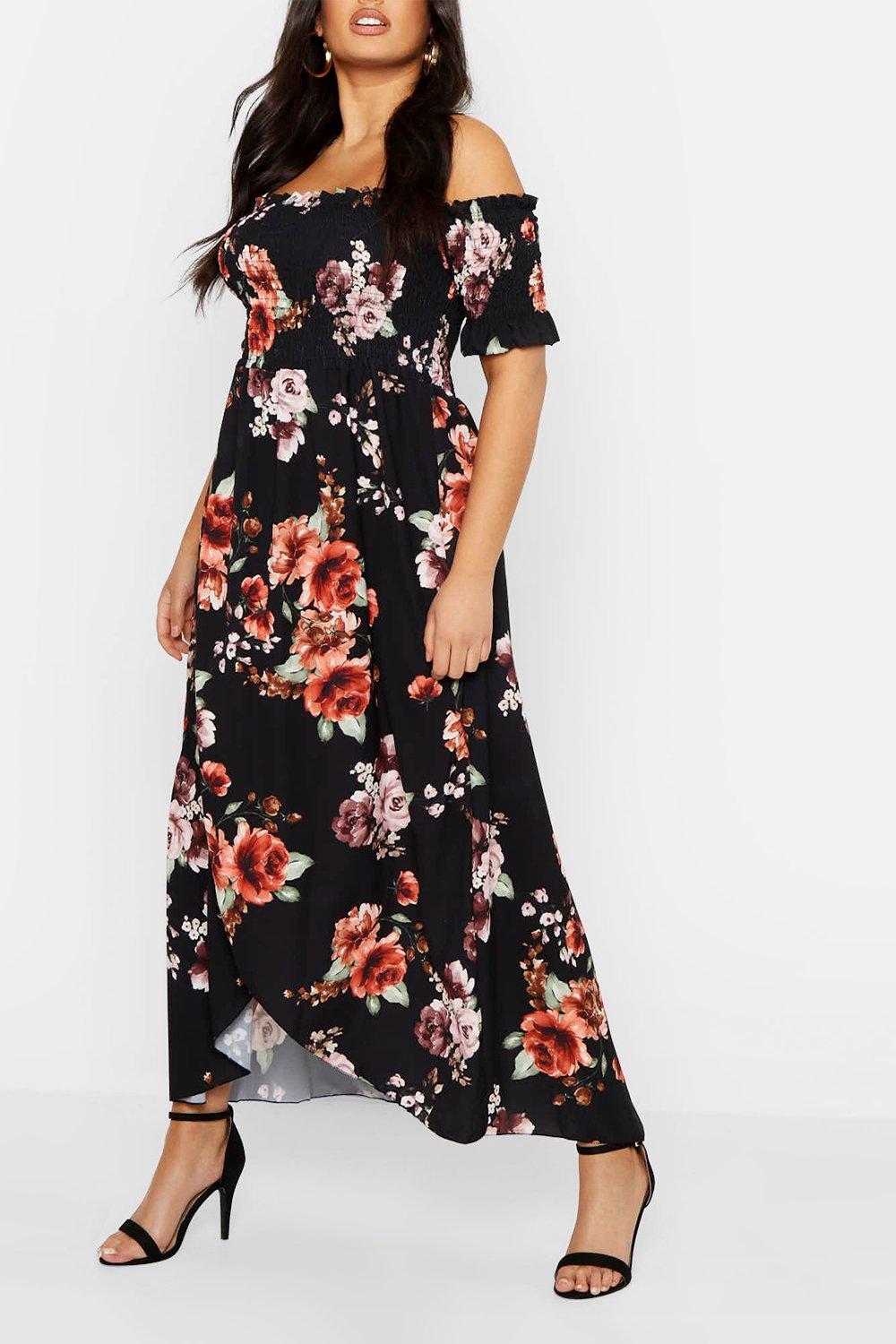 boohoo floral off the shoulder dress