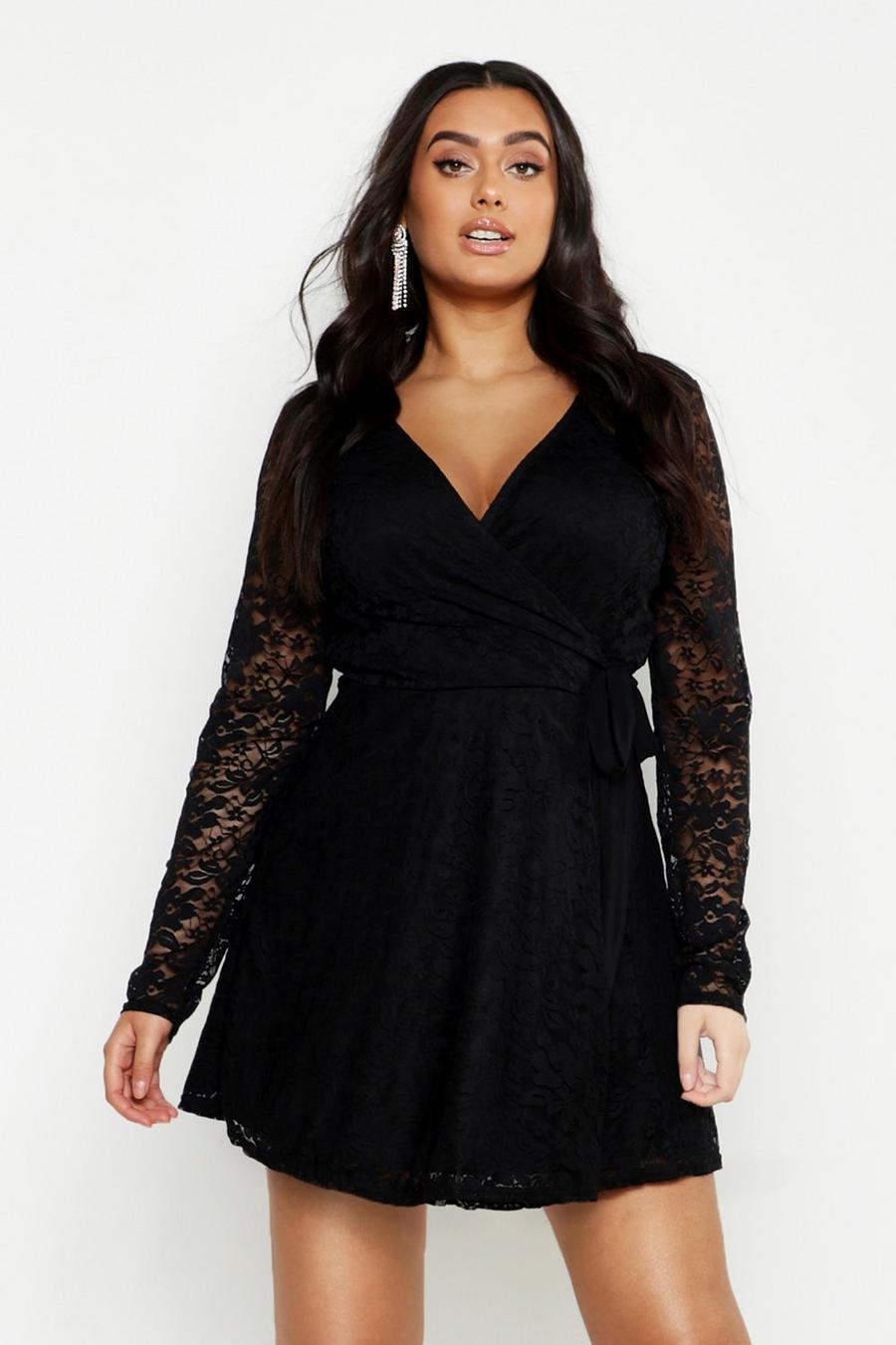 Black Plus Lace Wrap Tie Side Skater Dress