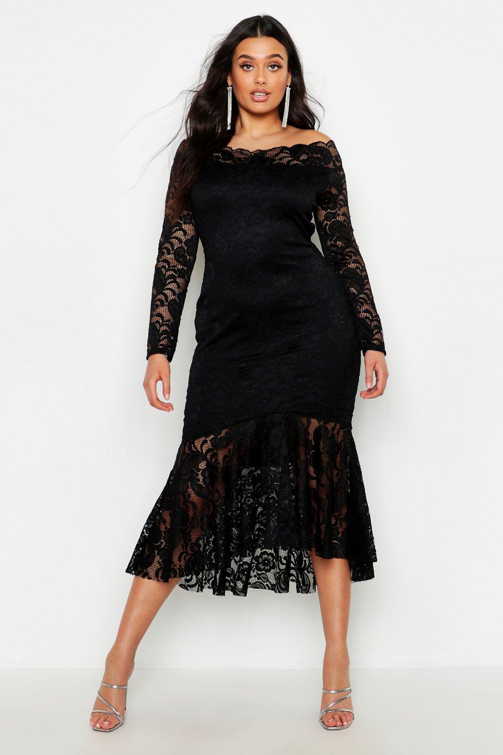 bardot ruffle lace dress