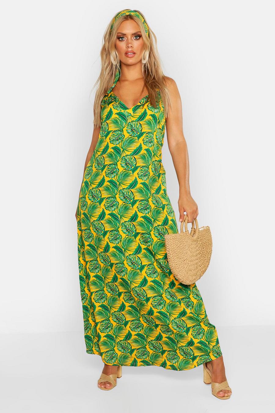 Mustard jaune Plus Woven Palm V Neck Maxi Dress With Headscarf image number 1
