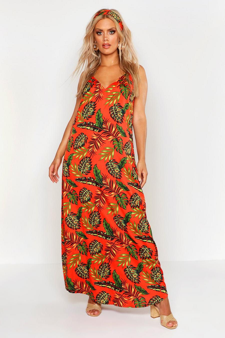 Orange Plus Woven Bright Palm Maxi Dress With Headscarf image number 1