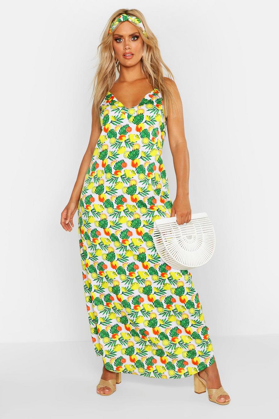 Plus Woven V Neck Fruit Maxi Dress With Headscarf image number 1