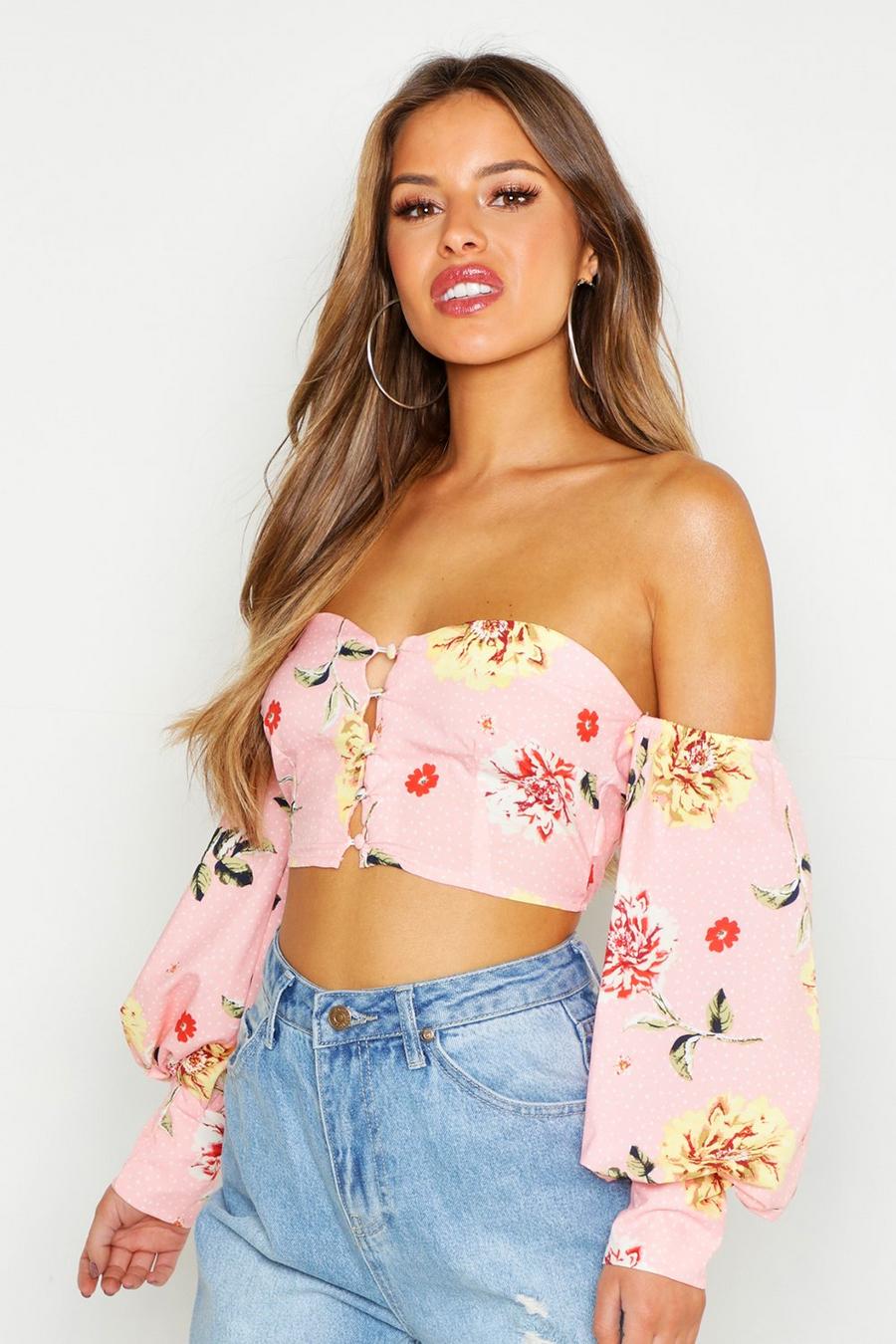 Pink Petite Woven Floral Button Off The Shoulder Top image number 1