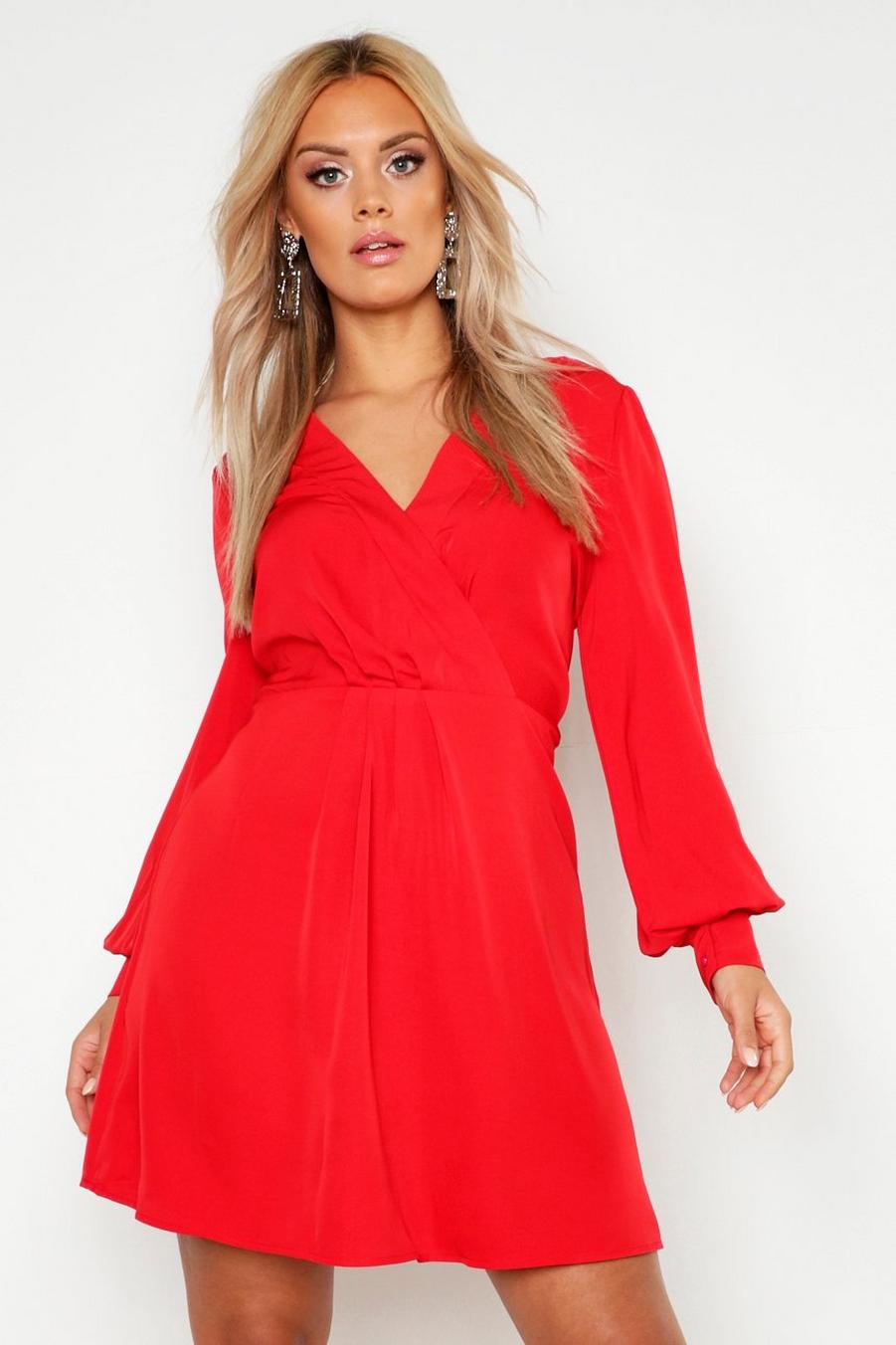 Red Plus Wrap Balloon Sleeve Skater Dress image number 1