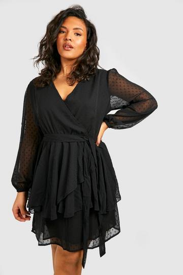 Plus Ruffle Hem Dobby Mesh Skater Dress black