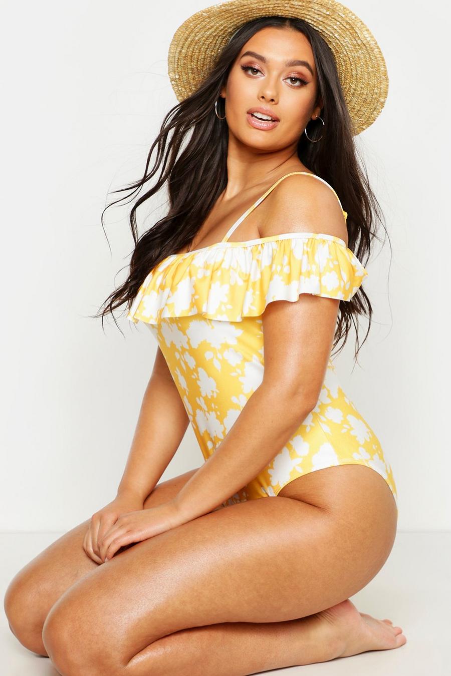 Yellow Plus Tropical Cold Shoulder Frill Swimsuit image number 1
