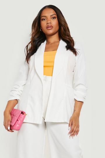 White Plus Lapel Detail Ruched Sleeve Blazer