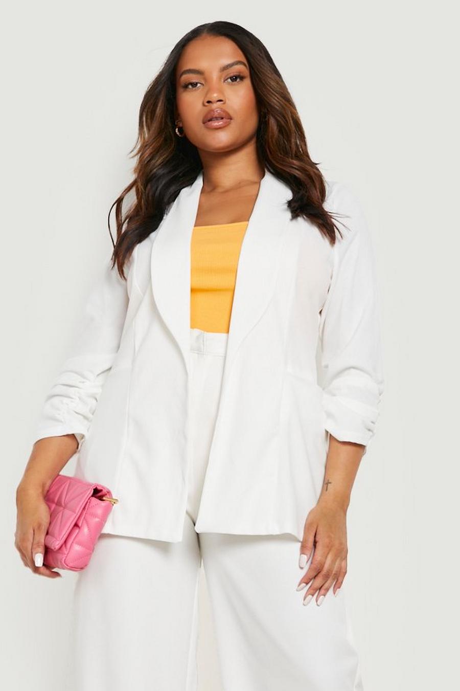 White Plus Lapel Detail Ruched Sleeve Blazer image number 1