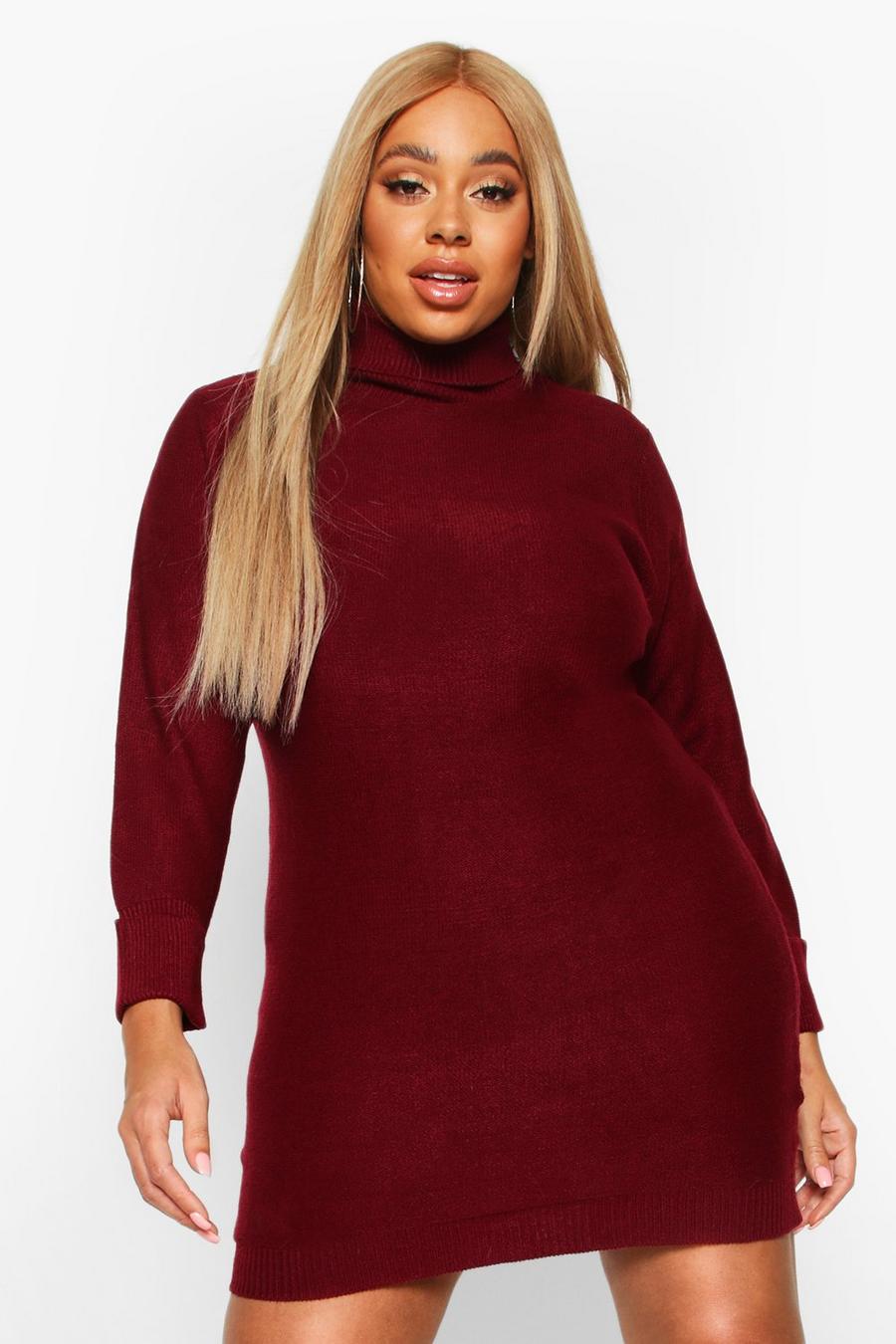 Berry red Plus Rib Knit Roll Neck Jumper Dress image number 1