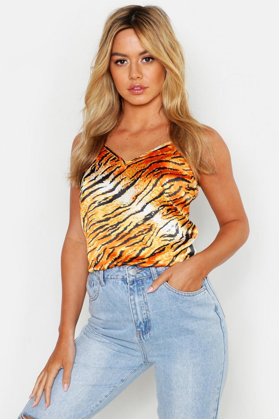 Top estilo camisola con estampado de tigre por delante escote pronunciado Petite, Orange image number 1