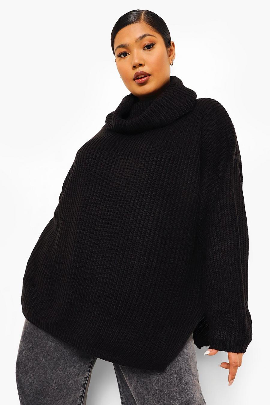 Black Plus Rib Knit Wide Sleeve Turn Up Cuff Sweater image number 1