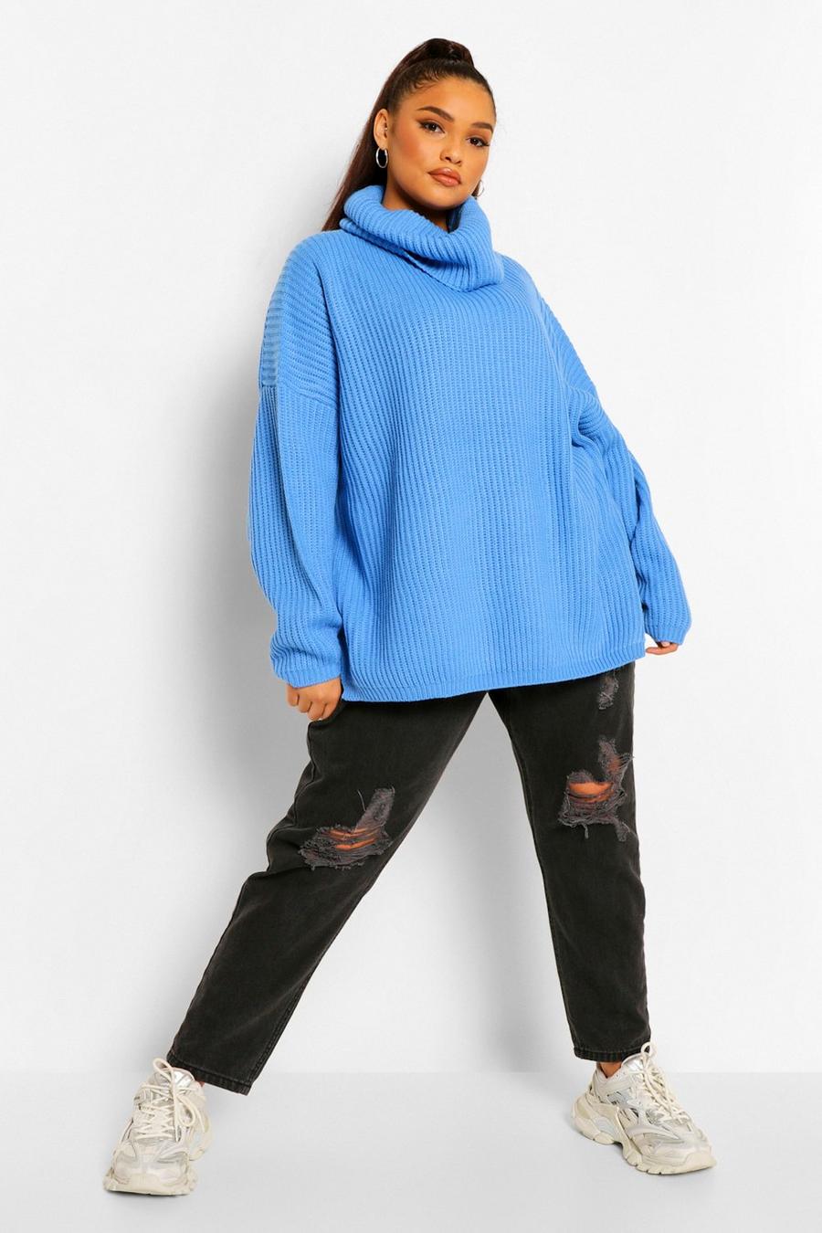 Blue Plus Rib Knit Wide Sleeve Turn Up Cuff Sweater image number 1