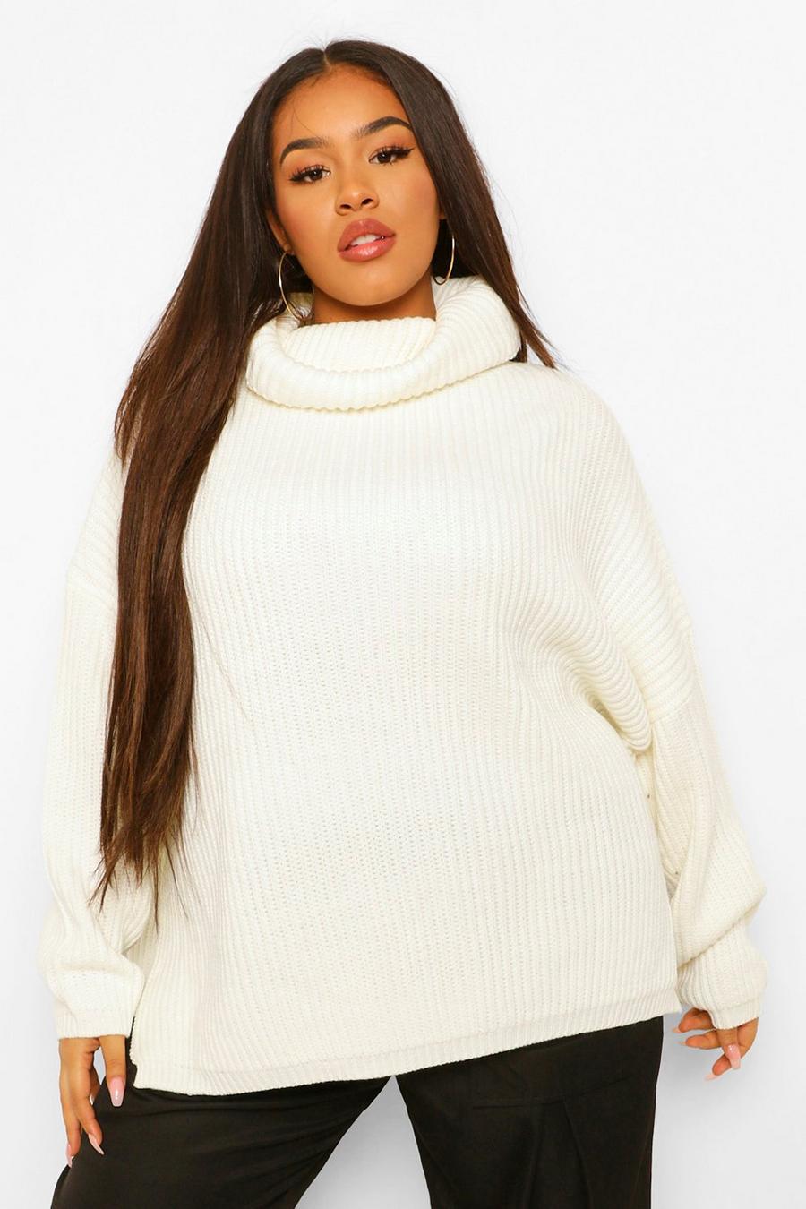 Ivory Plus Rib Knit Wide Sleeve Turn Up Cuff Jumper image number 1