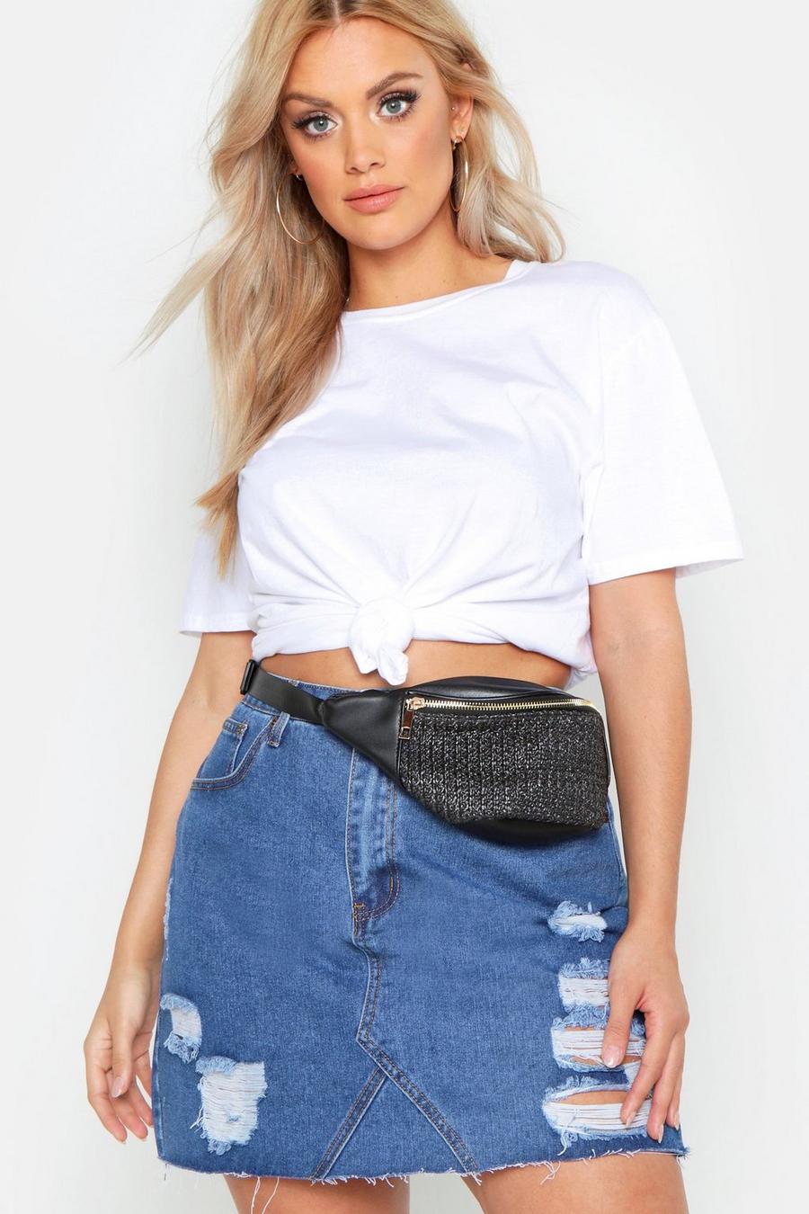 Black Plus All Over Straw Fanny Pack image number 1
