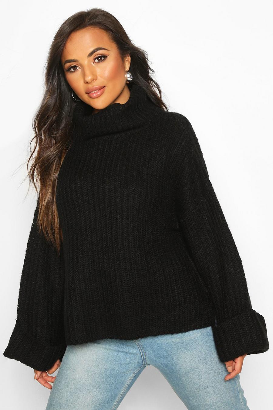 Black Petite Rib Knit Wide Sleeve Turn Up Cuff Sweater image number 1
