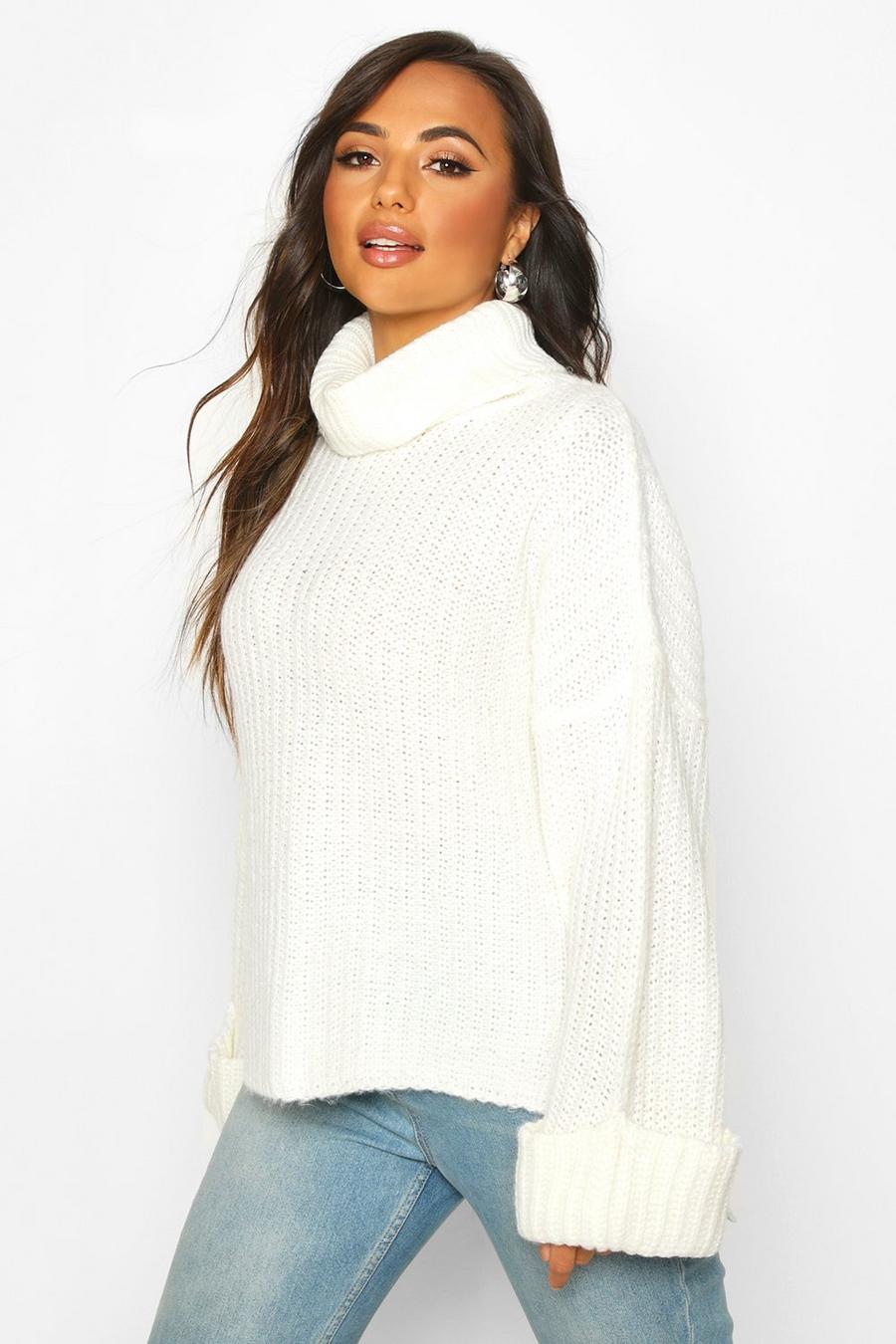Ivory Petite Rib Knit Wide Sleeve Turn Up Cuff Jumper image number 1