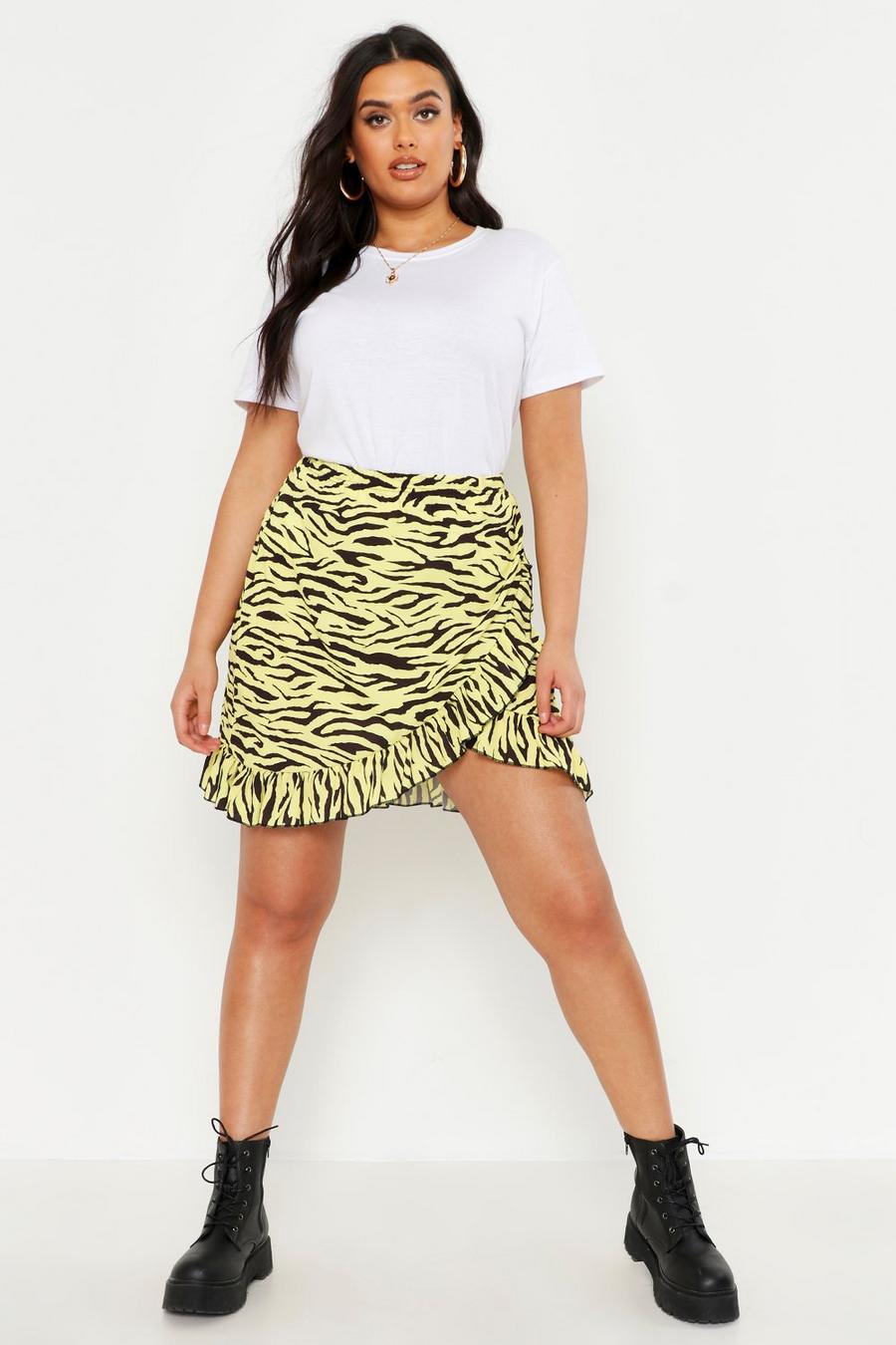 Lemon yellow Plus Pastel Zebra Ruffle Wrap Mini Skirt image number 1