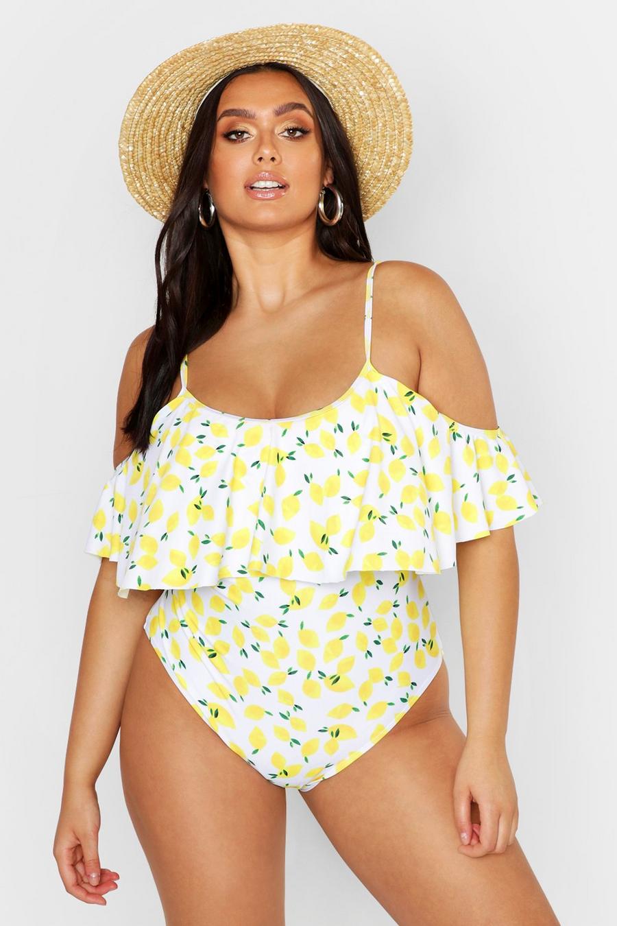 Plus Lemon Print Drape Sleeve Swimsuit image number 1